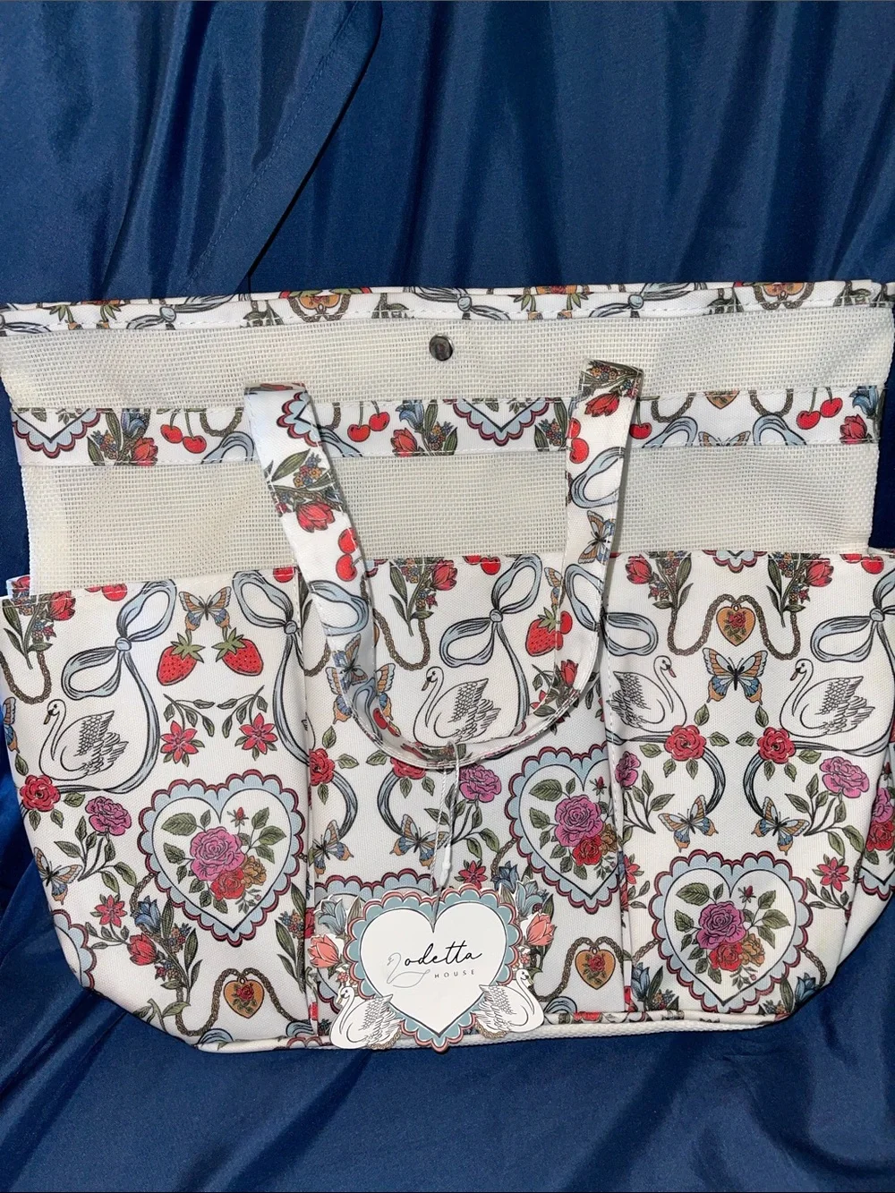 Floral Heart & Swans Shower Tote Bag in White with Pink and Red Accents
